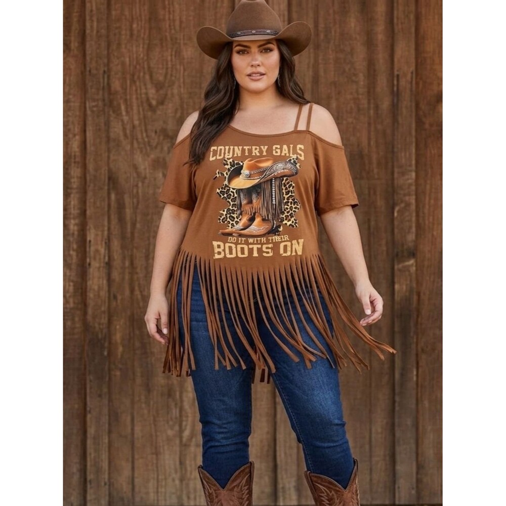 Brown Cold-Shoulder Fringe Tee with Graphic 0XL Shein